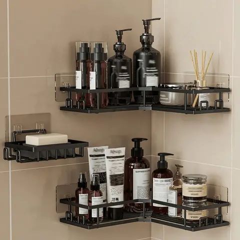 Stainless Steel Shower Caddy Organizer Set (3/5 Pack) - Durable, Rustproof, No-Drill Adhesive Wall-Mount Hanging Bathroom Accessory with Shelves, Soap Holder, Hooks, Tool-Free Installation Bath Storage