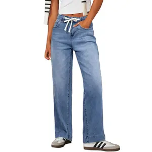 Sidefeel Women's Wide Leg Jeans High Waisted Stretchy Straight Leg Baggy Drawstring Zimbaplatinum Denim Pants