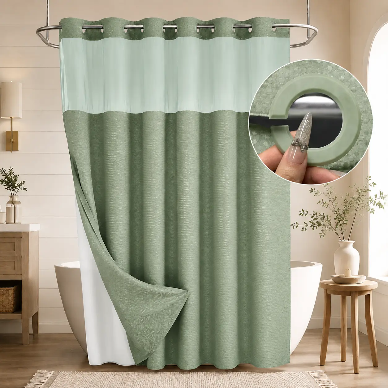 Double Layer Waffle-Pattern Shower Curtain - No Hook Snap-in Liner,  Waterproof Inner & Washable White Outer Cloth, Modern Bathroom Accessory for Home/Hotel/Salon/Dorm, 72x75 Inch