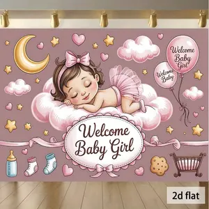 2D Flat, 1pc Party Banner 1pc, Welcome Baby Girl: A Sleeping Infant on a Cloud Multi Functional Background Banner, Suitable for Indoor and Outdoor Family Activities, Weddings, Birthdays, Home Decoration, Party Decorations Banners