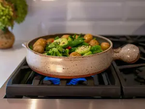 Handmade Pottery Cazuela for Stovetop or Oven - Ceramic Cooking Pan for Healthy Meals with Green Vegetables and Potatoes