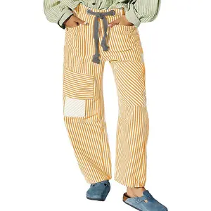 Women’s Striped Wide-Leg Pants, Elastic Waist Drawstring, Patchwork Design, Loose Fit with Pockets, Casual Cotton