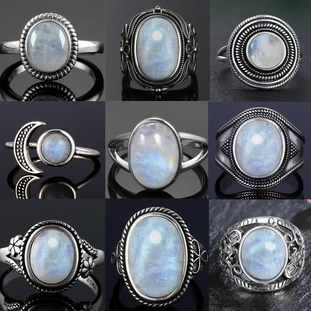 Round Oval Big Natural Moonstones Rings Women's Silver Plated Rings Gifts Vintage Fine Jewelry