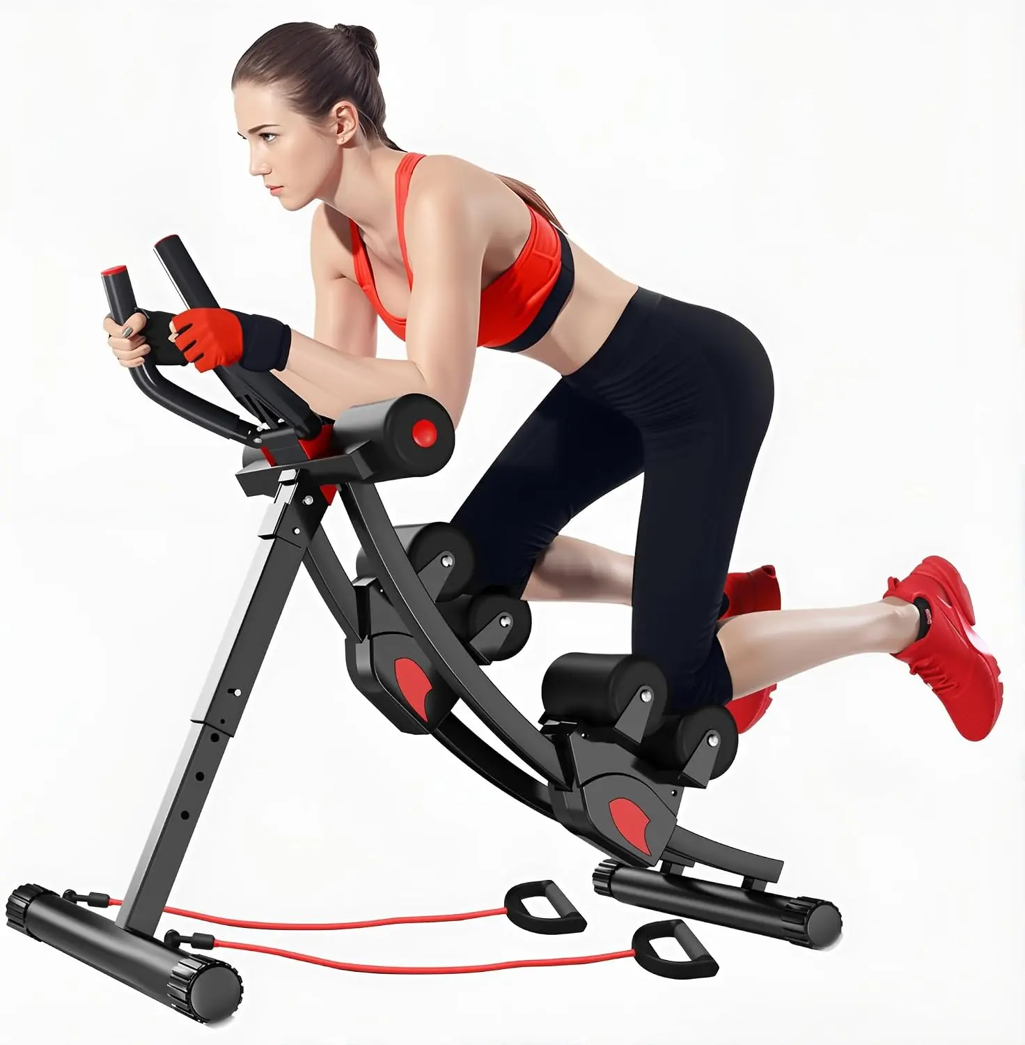 ZEERUN Dual Track Fitness Ab Machine Ab Cruncher, Adjustable Height Waist Trainer, Foldable Home Gym Equipment with 4 Adjustable Resistance Levels and Resistance Bands