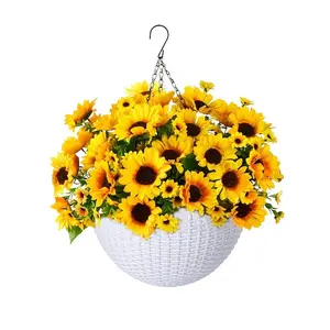 Artificial Sunflower Hanging Basket, Plastic Outdoor Indoor Wall Decor, Chain, Vibrant Flowers, for Porch Garden Party