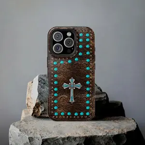 Western cross design in turquoise, inspired by faith, featuring intricate patterns for iP Phone 16, 15, 14, 13, 12, 11 (Pro, Max, Plus) & X, XS, XR, 8, 7 Plus - Fashionable protection! ️