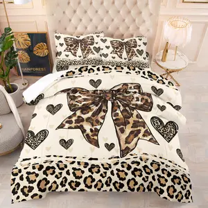 Leopard Print Bow Coquette Comforter Set, Soft All-Season Bedding for Girls & Teens, 1 Quilt + 1/2 Pillowcases, Stylish Leopard & Heart Quilt for Bedroom, Dorm & Nursery, Twin/Full/Queen Size
