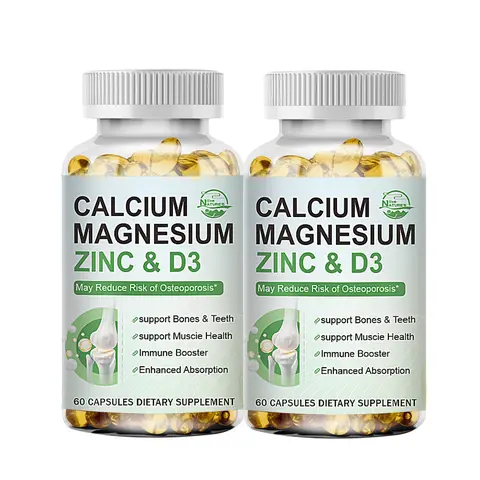 Certified Quality Vegan Safe Dietary Calcium Magnesium Zinc + Vitamin D3 Capsules (2-Pack), Sugar-Free, Gluten-Free, Enhanced Absorption for Adults’ Bone Health, Muscle Function Support