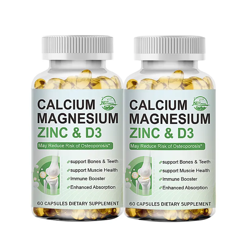Certified Quality Vegan Safe Dietary Calcium Magnesium Zinc + Vitamin D3 Capsules (2-Pack), Sugar-Free, Gluten-Free, Enhanced Absorption for Adults’ Bone Health, Muscle Function Support