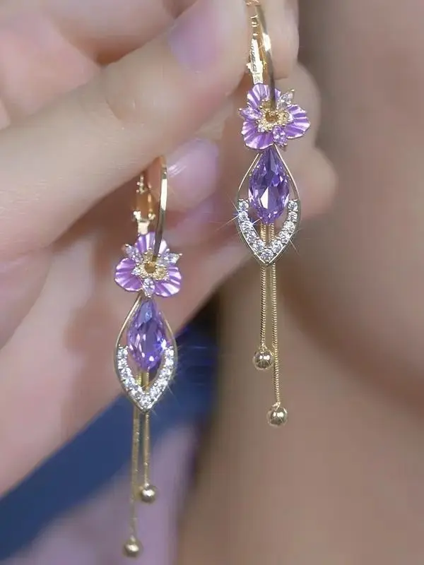 Purple Zircon Flower Tassel Earrings for Women Elegant Luxury Dangle Jewelry Unique Trendy Design with Sparkling Stones