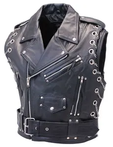 JAMIN LEATHER® Chromed Out Leather Motorcycle Chain Vest VM2001MCC - Heavy 1.2-3 mm Top Grain Buffalo Leather, 3 Zippered Pockets, Removable Belt, Snap Down Collar, Exclusive Design