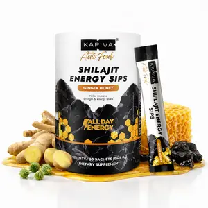 Kapiva Organic Edible Natural Shilajit Energy Sips Dietary Supplement - Lab-Tested Purity, Vegan Herbs (Shilajit, Ashwagandha, Tribulus, Ginger, Honey), No Added Sugar, Fulvic Acid, 80+ Minerals for Energy Boost, Stamina, Fitness - 30 Count