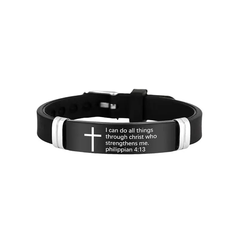 Unisex Christian Cross ID Bracelet, Silicone-Stainless Steel (Steel-Rubber Build) Wristband with Inspirational Bible Verse, Adjustable Fit, Stylish Daily Wear Religious Gift