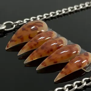 Handmade Amber Two-Tone Leopard Print Dragon Claw Nails, Glossy Cat Claws, Medium Length, Fall Winter European Style, Single Item