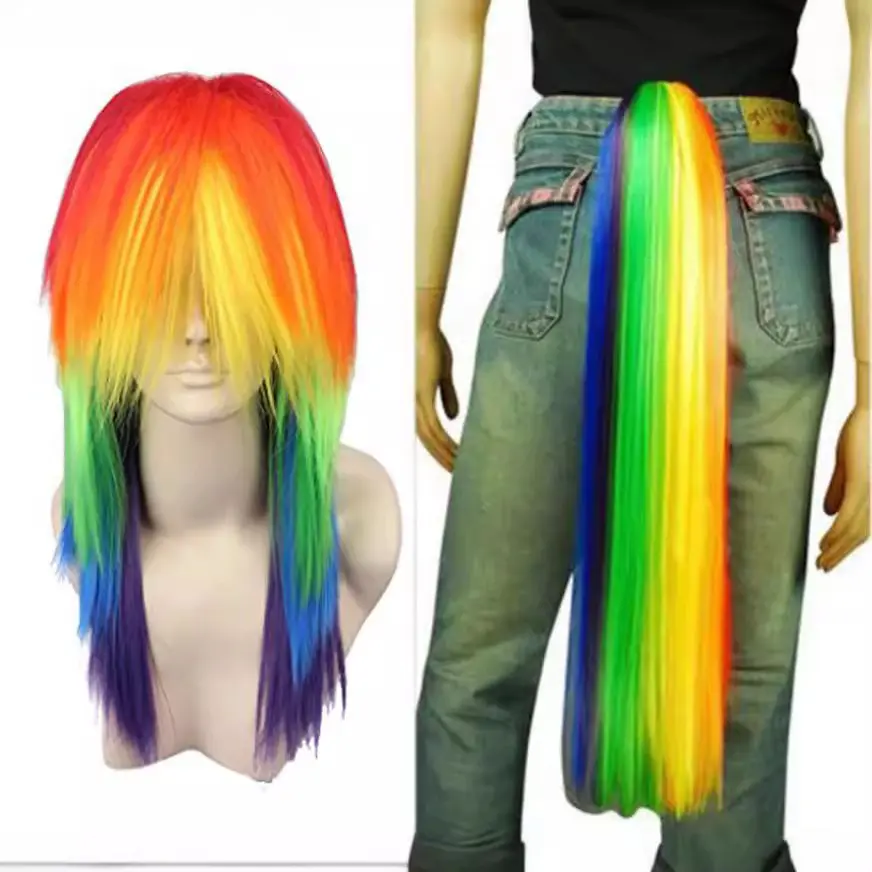 Soft Straight Rainbow Cosplay Wig, My Little Pony Inspired Synthetic Hair with Secure Clip-On Ponytail Extension for Female Enthusiasts, Portable for Halloween Fun