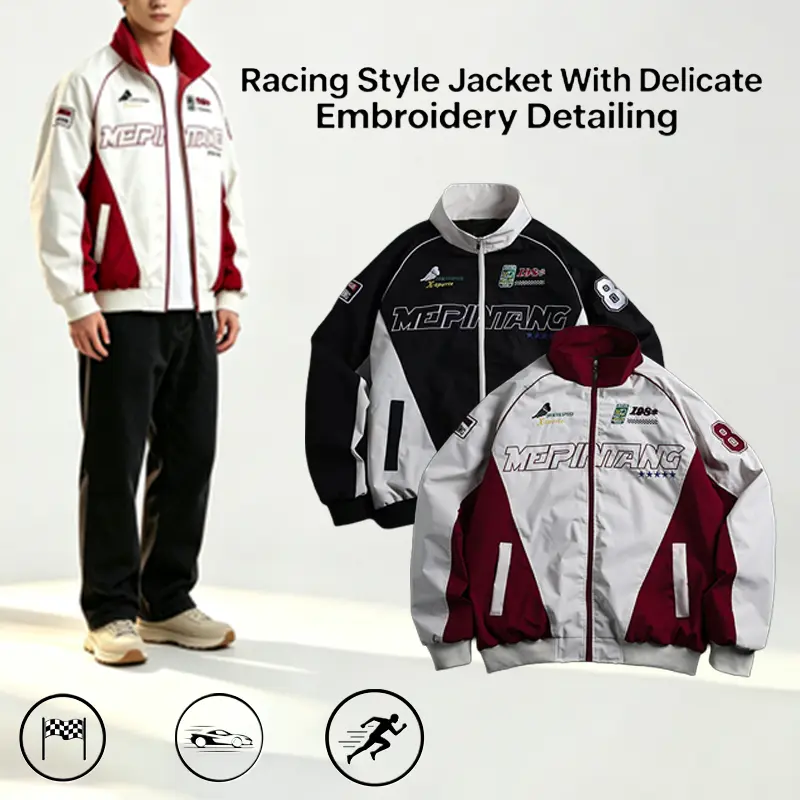 American- Racing Jacket for Men, Color-Block Biker Windbreaker with Letter Print, Loose Fit Stand Collar Activewear autumn fashionable style