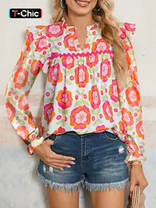 Spring & Fall Fashion Rose Floral Print Pleated Long Sleeve Shirt Blouse, Women's Elegant Casual Top, Comfortable and Stylish Clothing