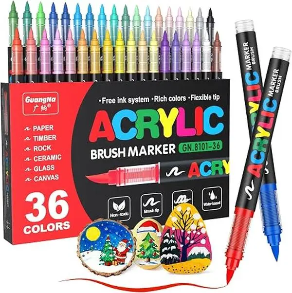 36-Color Acrylic Markers for Specialty Kitchen Utensils - Waterproof Brush Tips, Direct-Liquid Waterproof Ink Control System, Vivid Pigment Pens for Rock Canvas Art Crafts, Brush Pen, All Levels