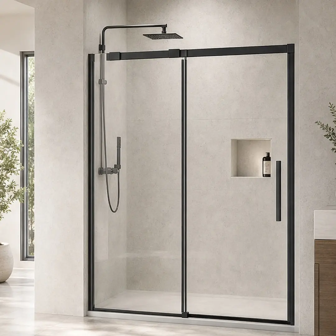 Frameless Glass Shower Doors, 46-48x76" Adjustable Sliding Panel Enclosure, 5/16 Inches Tempered Glass, Matte Black Aluminium, Reversible Left/Right, Waterproof Seal, Modern, ANSI Certified, Easy Install, Bathroom Upgrade, 46-48 Inches Wide