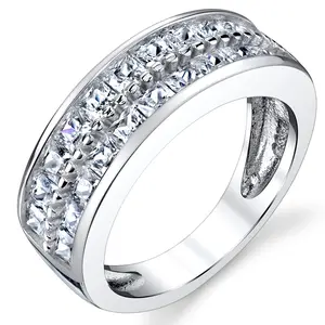 Double Row Princess Cut Men's Sterling Silver Wedding Band Engagement Ring with Cubic Zirconia 7.5mm Sizes 7 to 13