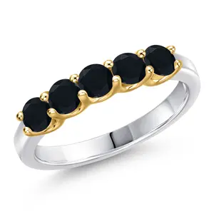 925 Silver and 10K Yellow Gold Black Onyx Wedding-Bands Ring For Women | 0.65 Cttw | Round 3.5MM | Gemstone December Birthstone