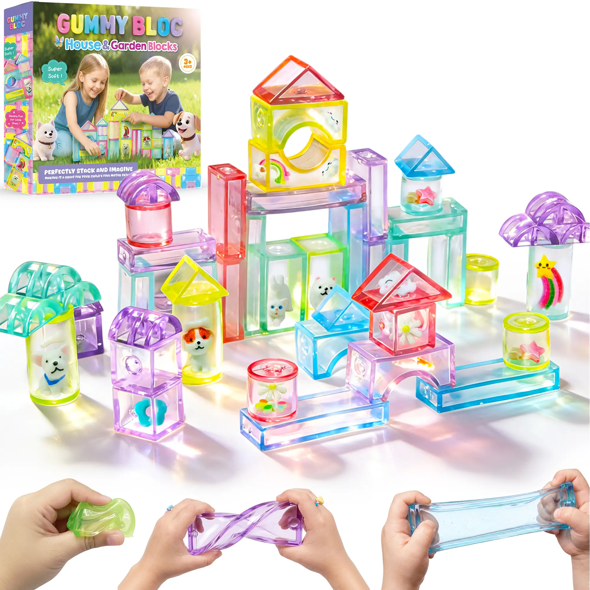 JoySpot Gummy Building Blocks for Toddlers Soft Texture, Soft Sensory Squishy Blocks, Non-Toxic Montessori Stacking Toys for Fine Motor Skills, STEM Preschool Educational Gift for Kids Age 3+ Stacking Block Game Creative Building Blocks