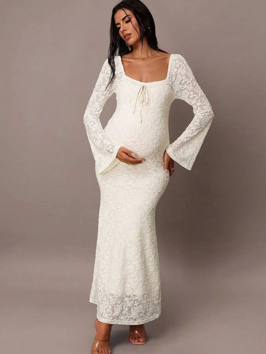 Lace Dress  Autumn And Winter Fall Women Clothes Maternity Elegant Contrast Lace Bell Sleeve Dress Winter Dresses For Women