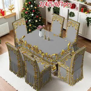 2/4/6/5/7 pieces of fashionable and high-end dining chair slipcover and tablecloth sets, thickened chair cover and tablecloth sets (1 tablecloth + 4 chair covers or 1 tablecloth + 6 chair covers), easy to care for, reusable, for home decoration
