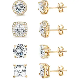 Hypoallergenic Gold Plated CZ Stud Earrings - Royal Blue Cubic Zirconia Halo for Sensitive Ears (Sterling Silver Base)accessories men and women earring stack