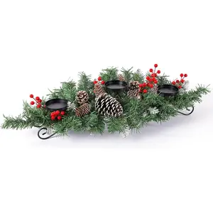 31.5 "(about 80cm) Christmas Centerpiece Decoration with 3 One Candlestick, Artificial Dining Table Decorative Band Pine Cone/Red Berry/Steel Base, Indoor Christmas Decoration, Christmas Table Decoration, Suitable for Holiday Home Decoration
