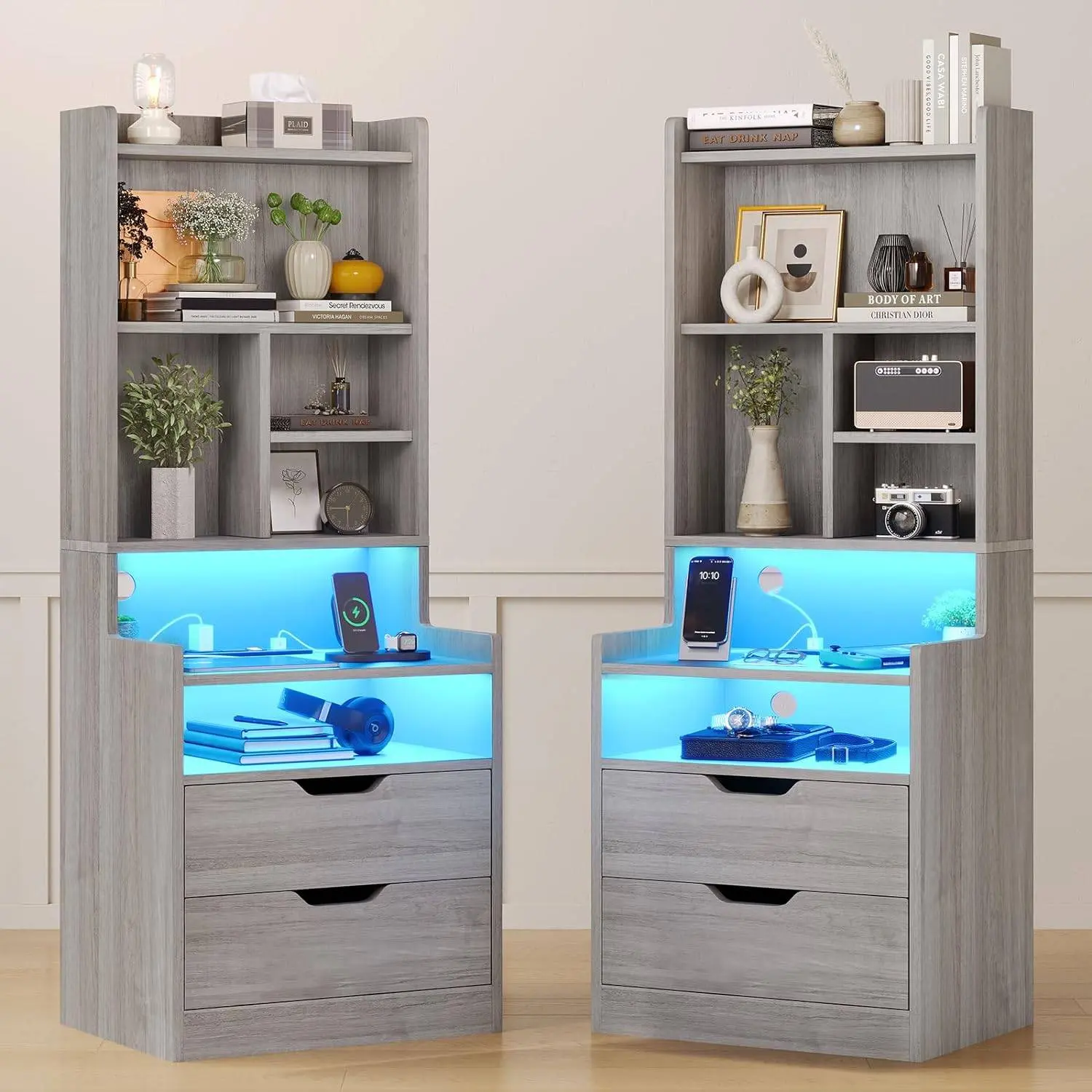 Sikaic 2-Piece Tall LED Accent Bedside Side Table Nightstand - Gray Contemporary Bedroom Furniture with RGB LED Lighting, Charging Station, Bookshelf + Storage Shelves, Slideout Drawers, Glide Functionality