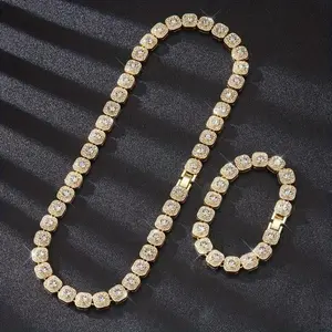 2 pcs/set hip hop stainless steel chain necklace and bracelet set, 10mm width square chain iced out rhinestone necklaces, fashion charm jewelry for men