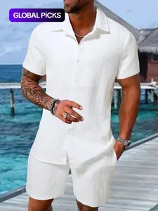 Men's Regular Fit Short Sleeve Pajama Two-piece Set, Casual Comfy Button Up Top & Shorts Pj Set, Men's Summer Sleepwear, Loungewear, Plain, Casual Loungewear Outfit