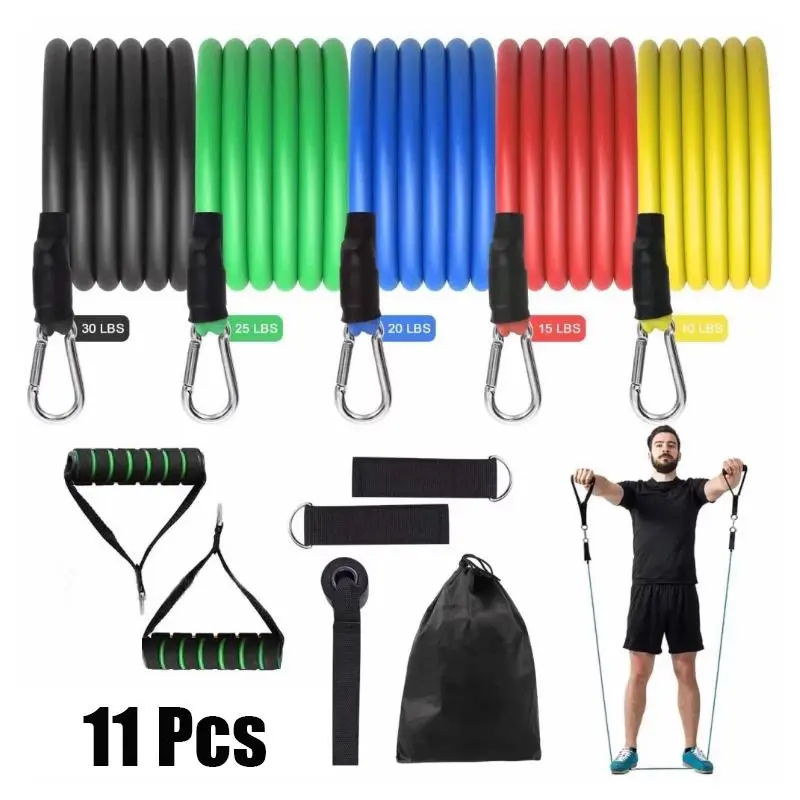 Multi‑Functional 11‑Piece Fitness Resistance Bands Kit, 5‑Level Color‑Coded Tension, Door Anchor & Foam Handles, Perfect for Home Gym and Travel Exercise
