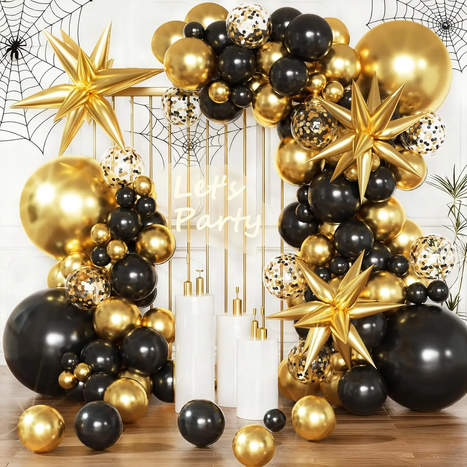 Black Gold Latex Balloon Arch Kit with Confetti Balloons, Door & Pump for Him, 50th Birthday, Halloween Party Decorations, Garland, High Quality Balloons