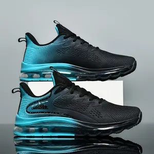 Full-Sole Air Cushion Shock-Absorbing Sports Shoes for Men Summer Mesh Breathable Running Shoes Comfortable Ultra-Light Casual Walking Shoes Everyday Use Black & Blue Design