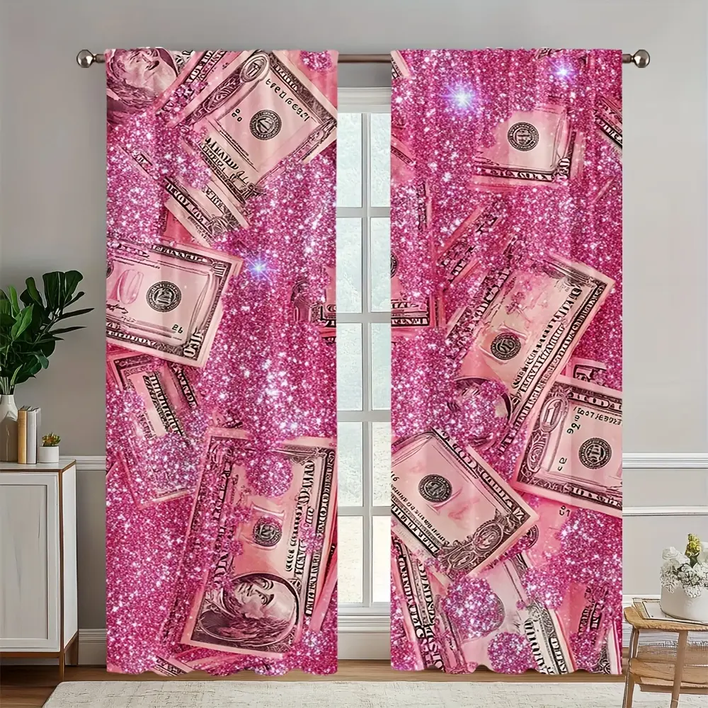 2-Piece set, Sheer Printed Curtains, sparkling pink background money print curtains, translucent rod pocket design, suitable for living room, bedroom, office, kitchen, coffee shop & home decoration, Window Curtain, Home Decorative Curtain