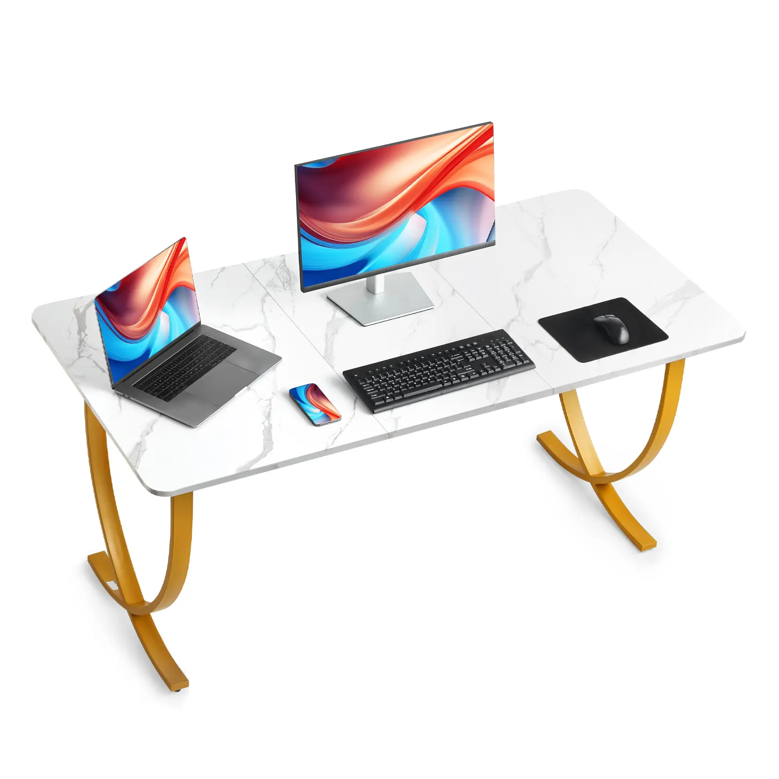 【SummerFinds】VEVOR Executive Desk - 63" W x 31.5" D Large Desks, Modern Luxury Computer Table, Business Furniture with Enlarged Desktop for Home Office & Conference Meeting Room, White and Gold, Modern Luxury Desks