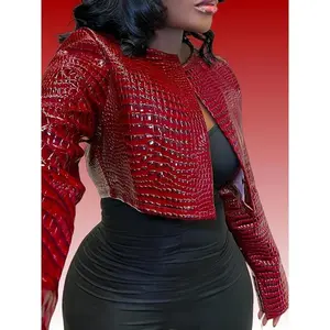 Women's Red Crocodile-Embossed PVC Casual Jacket - Long Sleeve Short Length, Crew Neck, Non-Stretch Regular Fit with Split Hem,