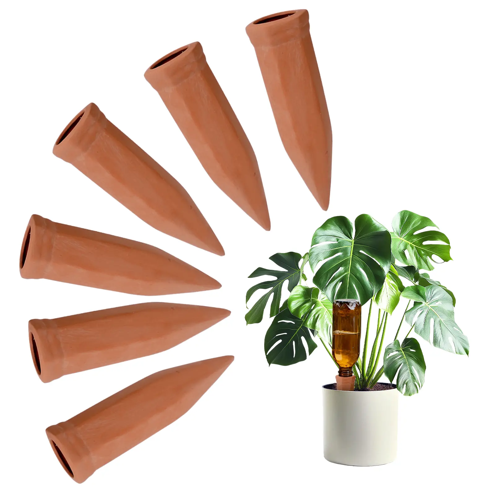 Bamworld 6 Pcs Terracotta Self-Watering Spikes, Automatic Plants Watering System with Effortless Moisture Control, Simple 3-Step Setup Recycled Wine Bottle Clay Waterers for Garden Beds, Patio & Bed Use, Indoor/Outdoor