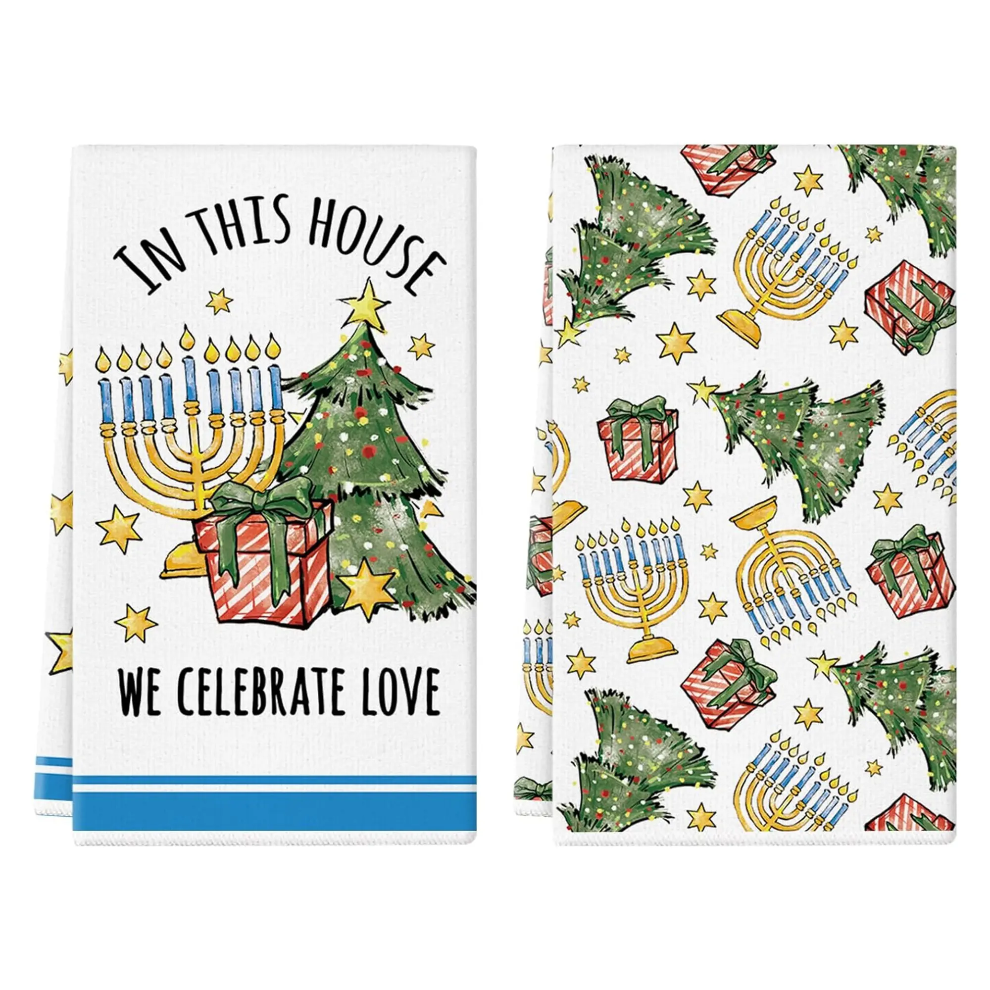 Decorative Water-Absorbent Hanukkah Kitchen Towels Set of 2 (16x24 in) - Candlestick-Design Cleaning Cloths for Winter Holiday Home Decor, Gifting