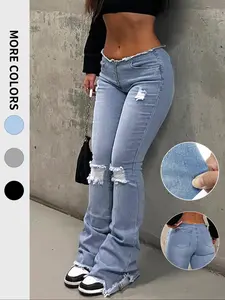 Women's Ripped Denim Jeans, Light Wash, Slim-Fit, Casual Style, Below the Knee, All Seasons, Comfortable for Daily Wear, Multiple Colors Available