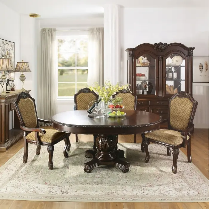 Acme 64175-77 5-Pc Astoria Grand Chateau de Ville II Espresso Wood Dining Room Set - 48" Round/Oval Table with Carved Accents, Diamond Pattern Chairs for Adults