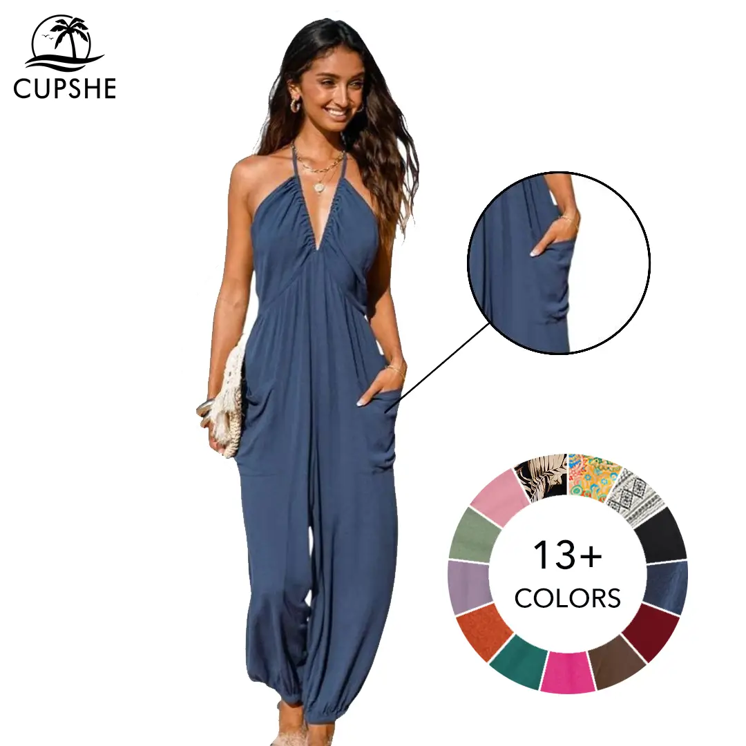 CUPSHE Women's Basic Plunge Halter Sleeveless Adjustable Wide Leg Overalls Pleated Long Romper Knit Jogger Maxi Jumpsuit with Pockets Summeroutfit Fit