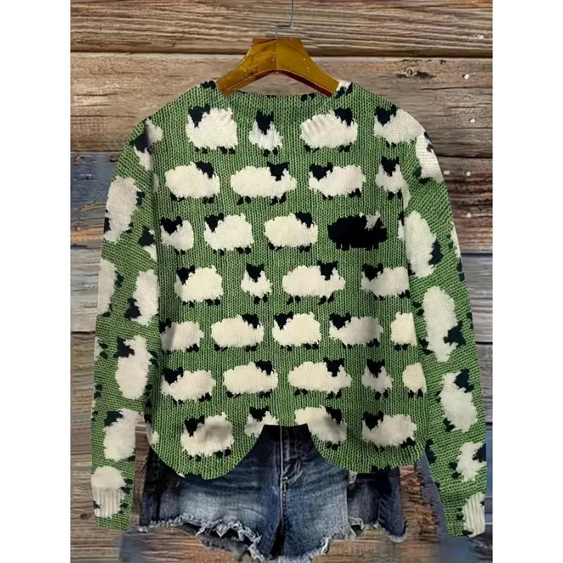 NewSheep Pattern Round Neck Sweater, Autumn Winter Casual Long Sleeve Sweater, Women's Clothing Fabric Knitted Top Print Knitwear Womenswear