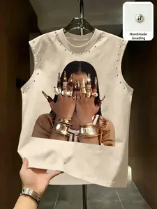 European and American Style Sleeveless T-Shirt, Bead Rivet Craft, Fashion Streetwear Aesthetic, Daily Wear Vest, Heart Pattern, Tops