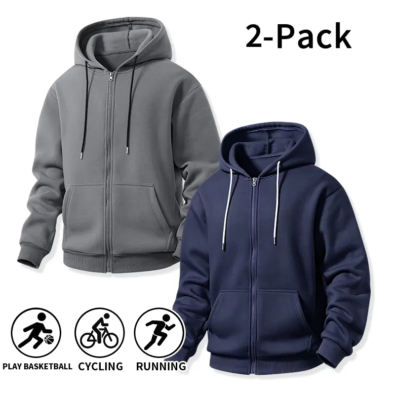 2 Pack Men’s Full Zip Hoodies with Drawstring, Adjustable Hood, Kangaroo Pocket, Loose Fit — for basketball, cycling, running, gym, and everyday life