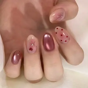 Gentle Bean Paste Pink Cat-Eye Press-On Nails with Rhinestones, Blush Gradient Heart Polka Dot Silver Bow Decor, Medium-Long Oval Short Removable False Nails, Perfect for Date & Commute, with Jelly Glue and Nail File Included