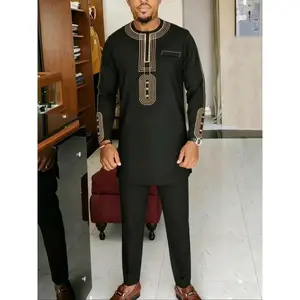 Men's Muslim African Ethnic Kurta Long Sleeve Embroidered Round Neck Top and Casual Pants Set, Traditional Clothing for Weddings and Festivals