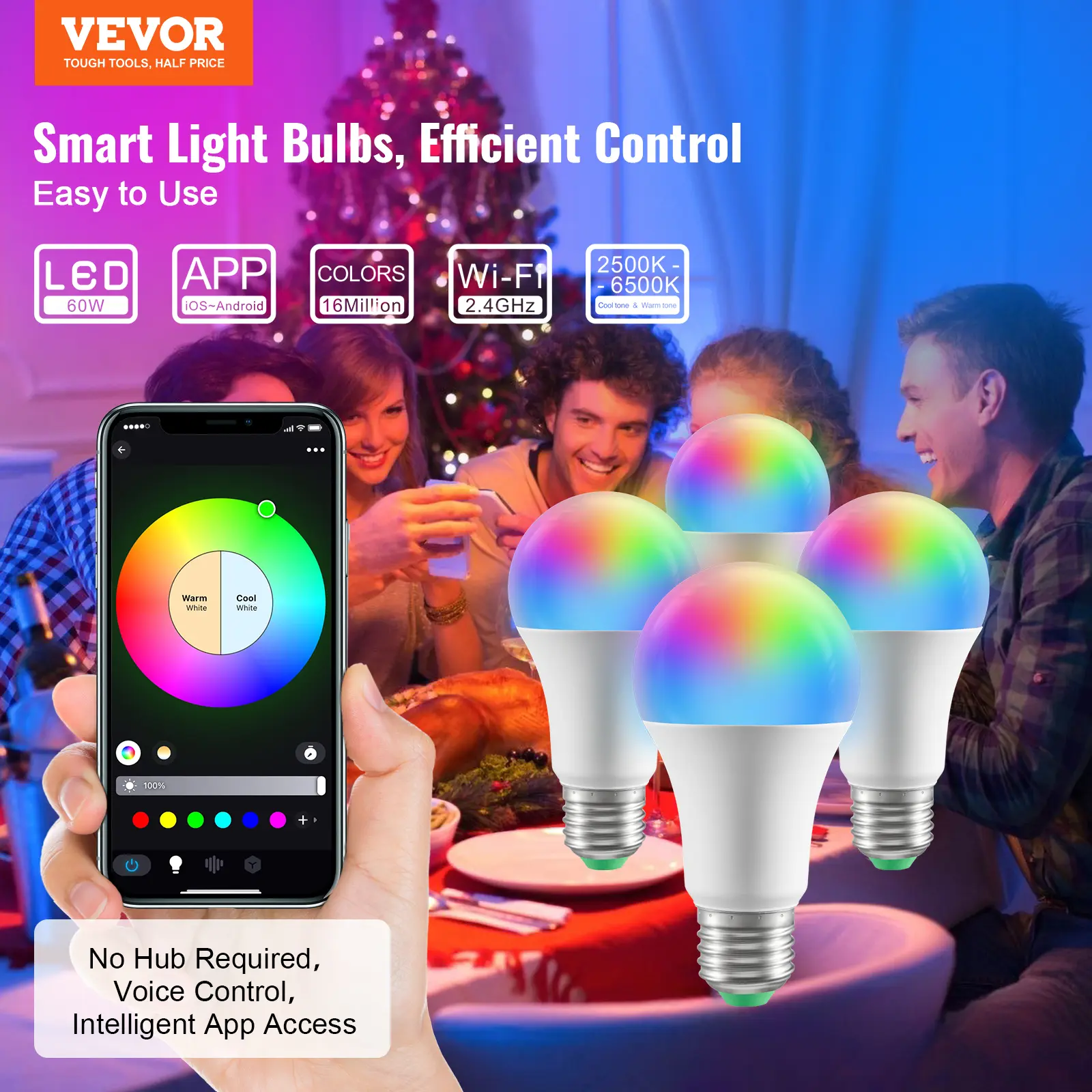 VEVOR 4-Pack Smart Dimmable LED Bulbs - 9W 800 Lumens RGB Wi-Fi Bulbs with Remote Dimming, Sunrise & Sunset Modes, Warm White, Compatible with Vera, Google Assistant, Amazon Alexa, iOS, Android | Home Improvement Gift (DealsForYouDays), Smart Led Lights,,